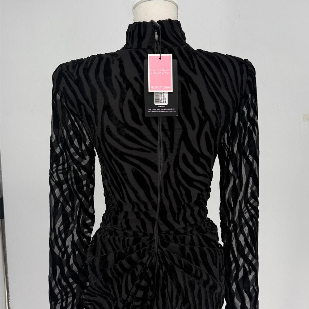 NWT🖤PrettyLittleThing Black Zebra Devore High Neck Draped Midi Dress Sz 4US - Picture 9 of 13